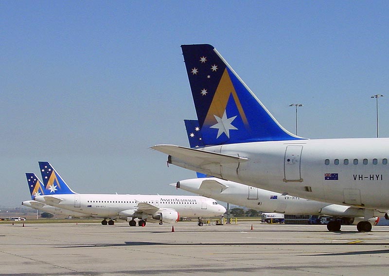 Ansett Australia Airbus A320 aircraft parked at Melbourne Airport, September 2001
