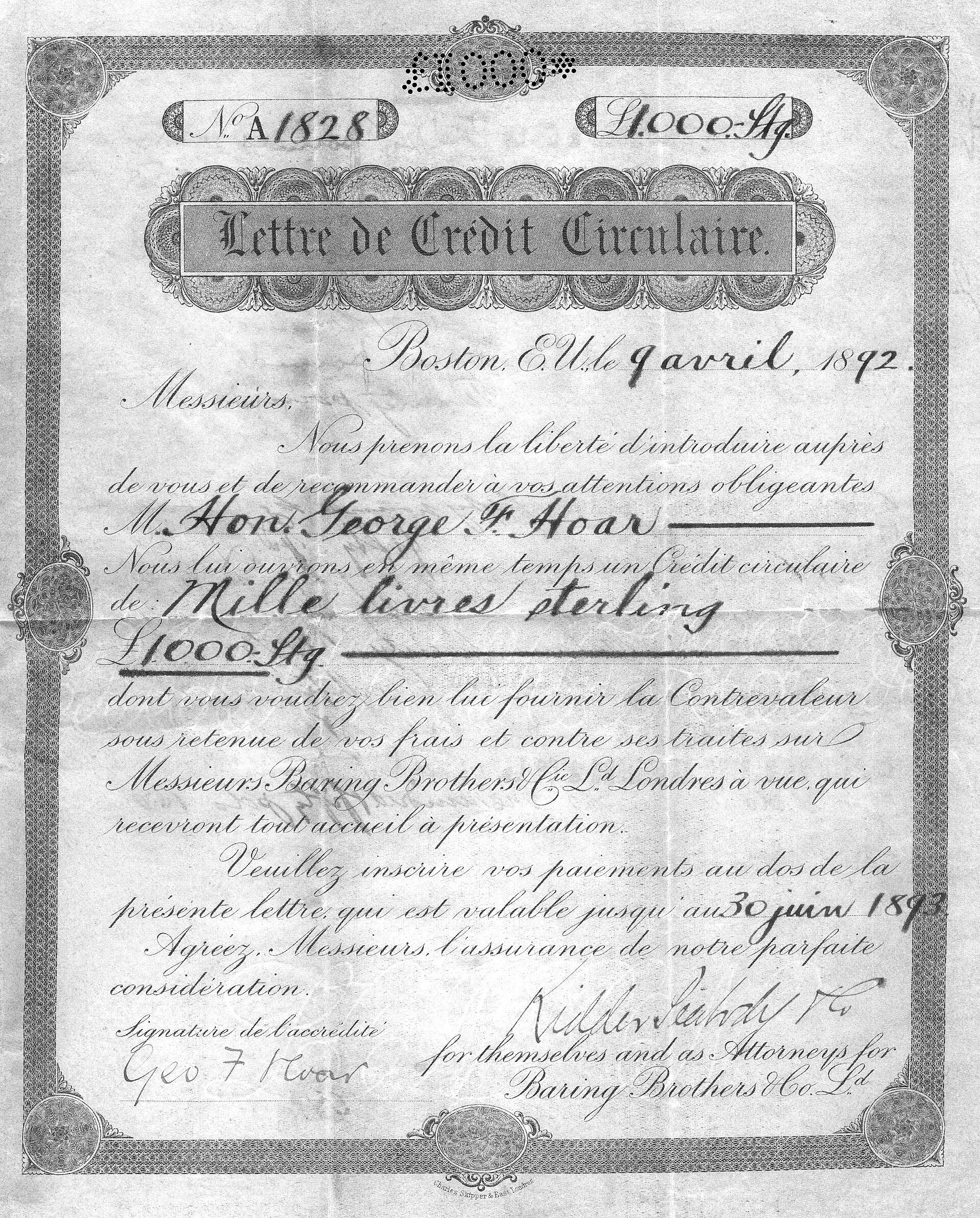 A Barings Brothers circular letter of credit issued in 1892, a financial instrument of the historic London merchant bank