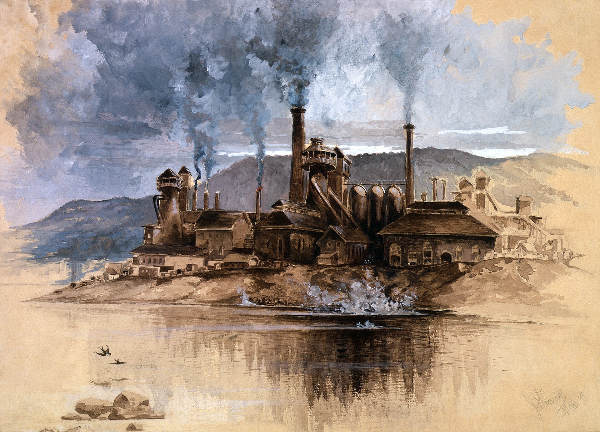 1881 sepia watercolor of the Bethlehem Steel works by Joseph Pennell
