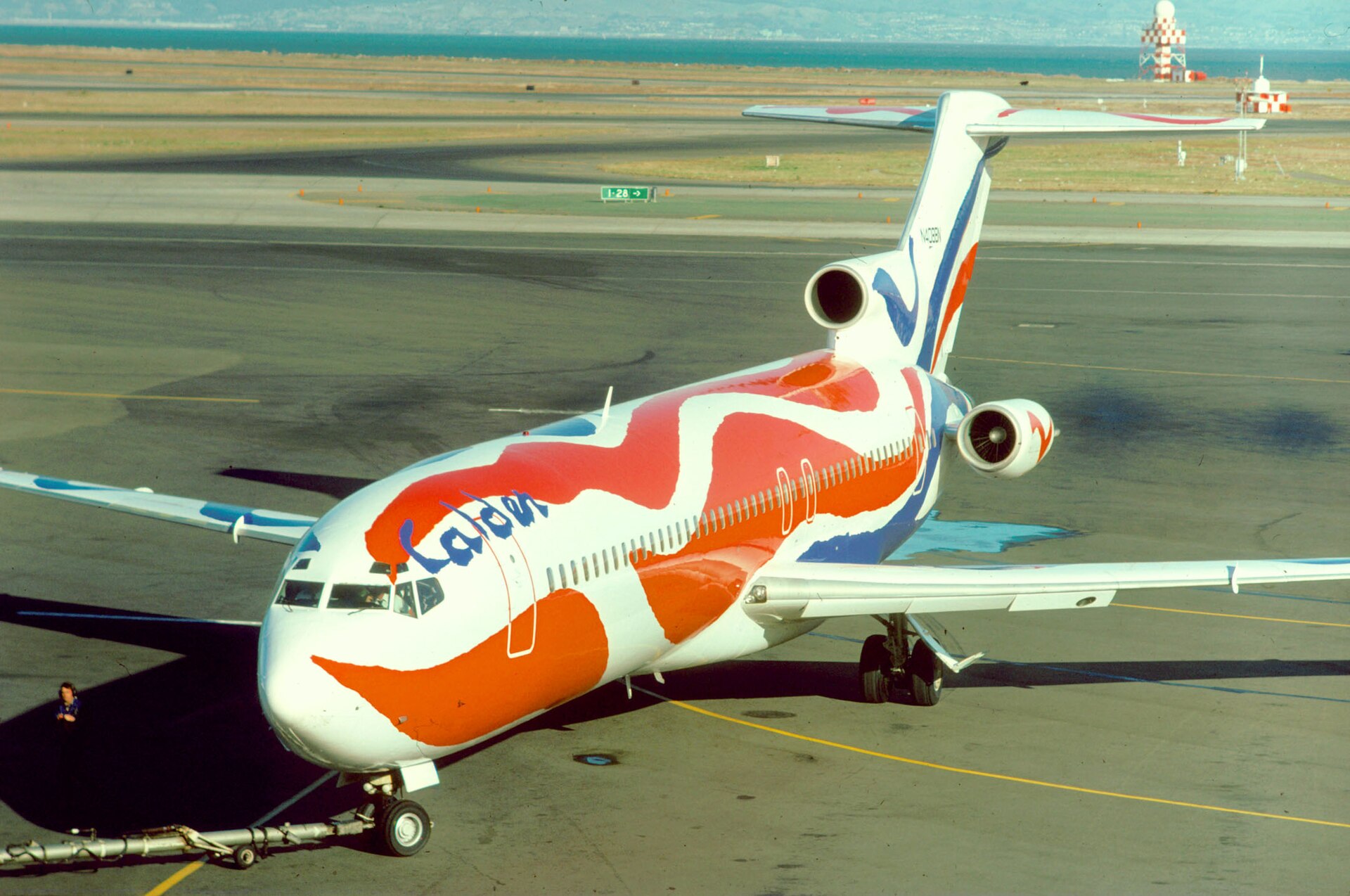 A Braniff Boeing 727 in Alexander Calder's 'Flying Colors' bicentennial livery, San Francisco, 1976