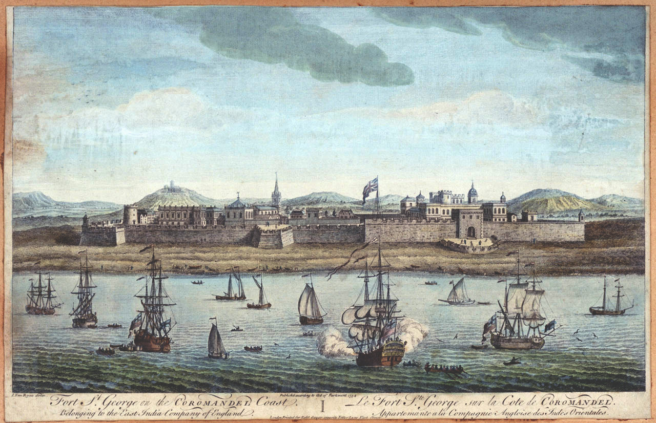 1754 etching of Fort St George, Madras, the East India Company's principal fort on the Coromandel Coast