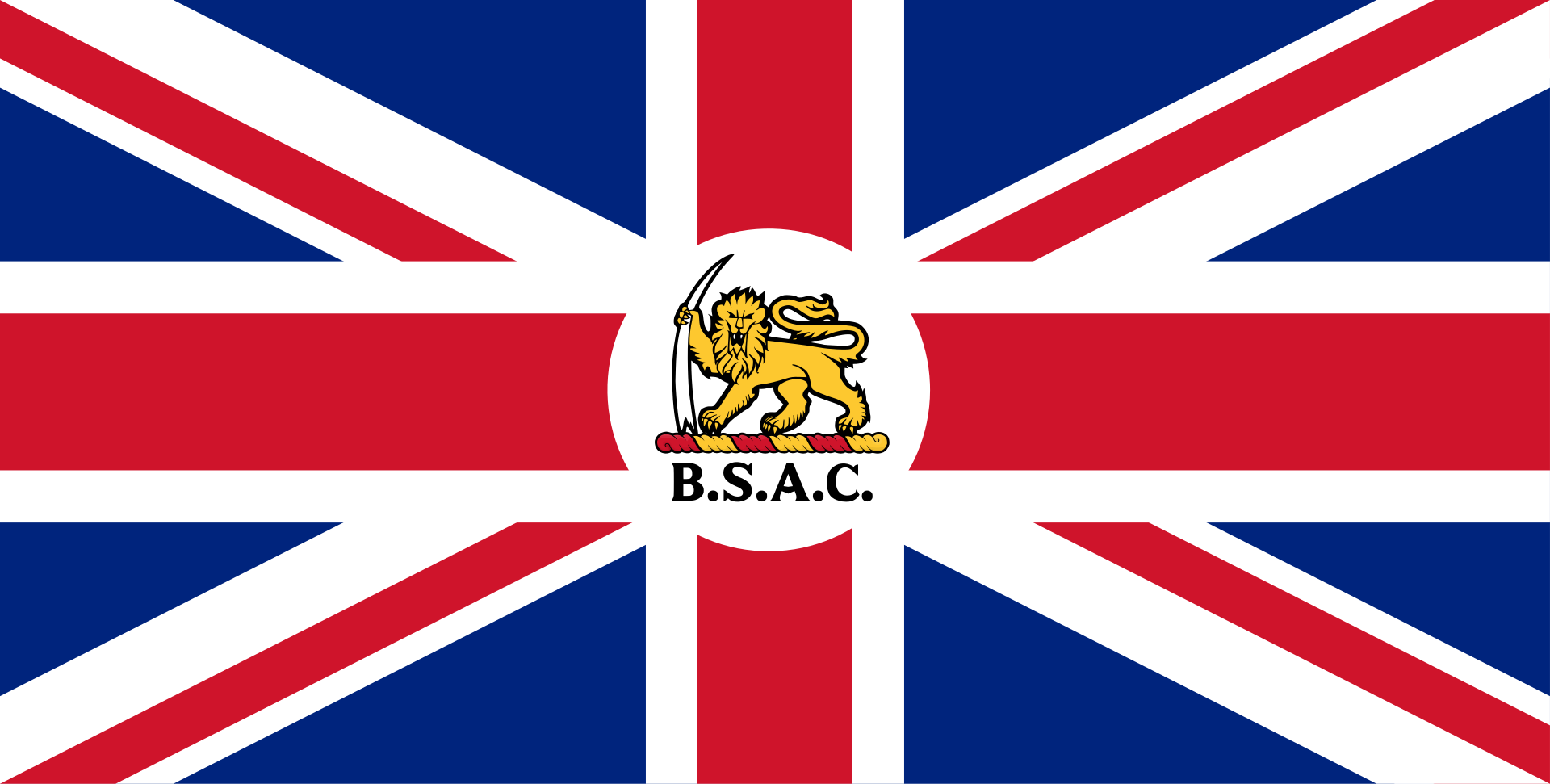 Flag of the British South Africa Company — a Union Jack with a central disc bearing a lion and the letters B.S.A.C.