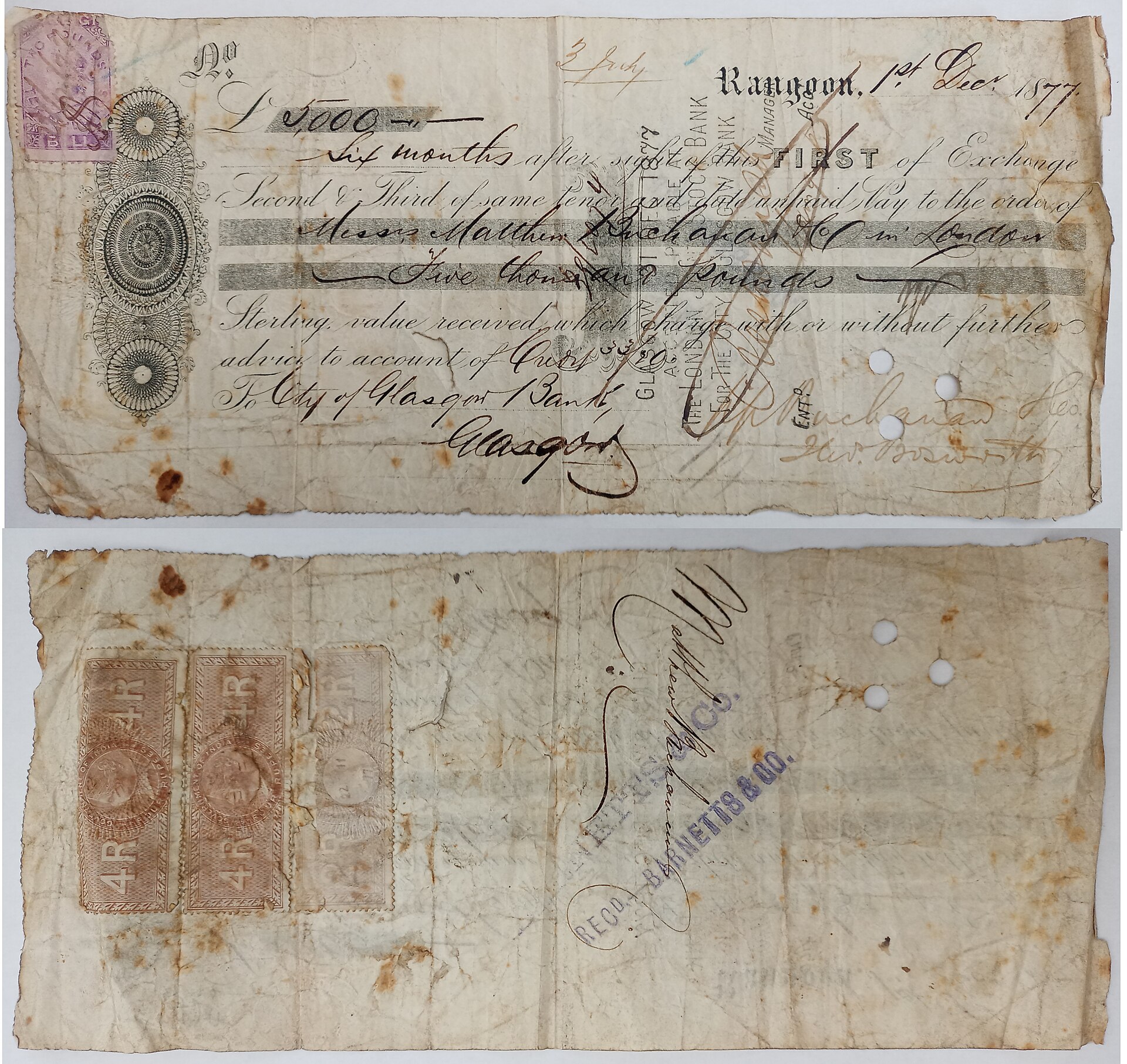 An 1877 City of Glasgow Bank bill of exchange for £5000, a period instrument from the failed bank