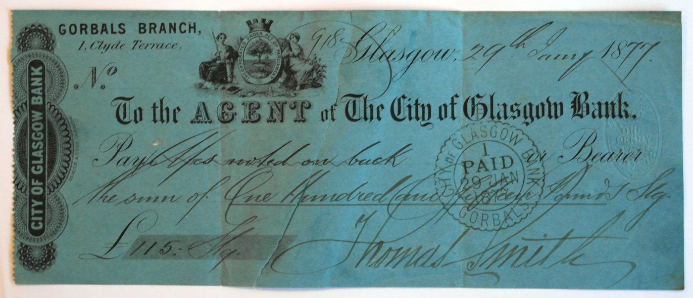 A cleared cheque drawn on the City of Glasgow Bank, dated 1877
