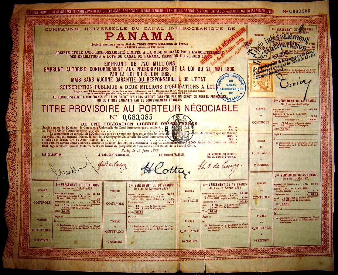 An 1888 provisional share certificate of the Compagnie Universelle du Canal Interocéanique de Panama