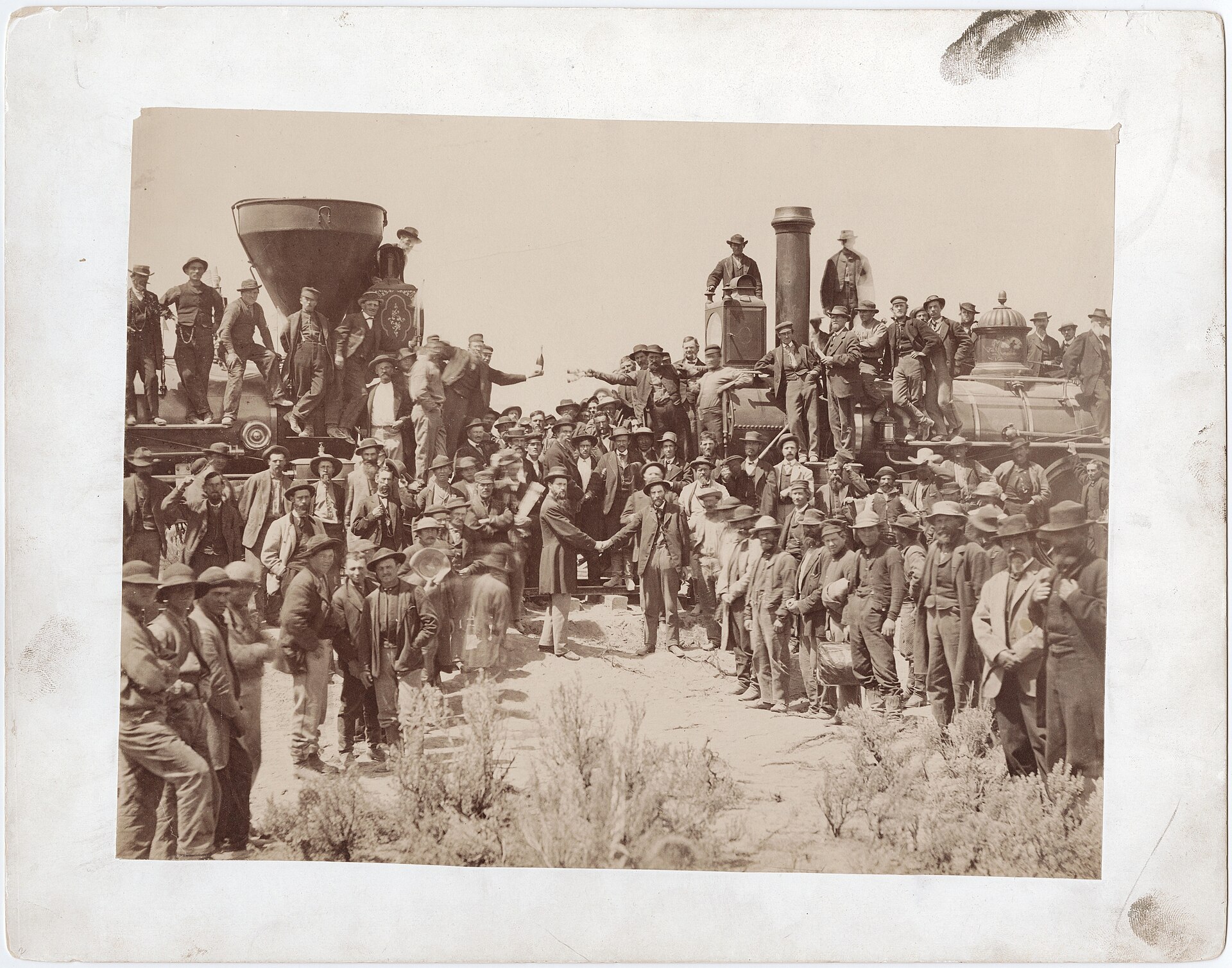 The laying of the last rail of the Union Pacific Railroad, Promontory Summit, Utah, May 10, 1869