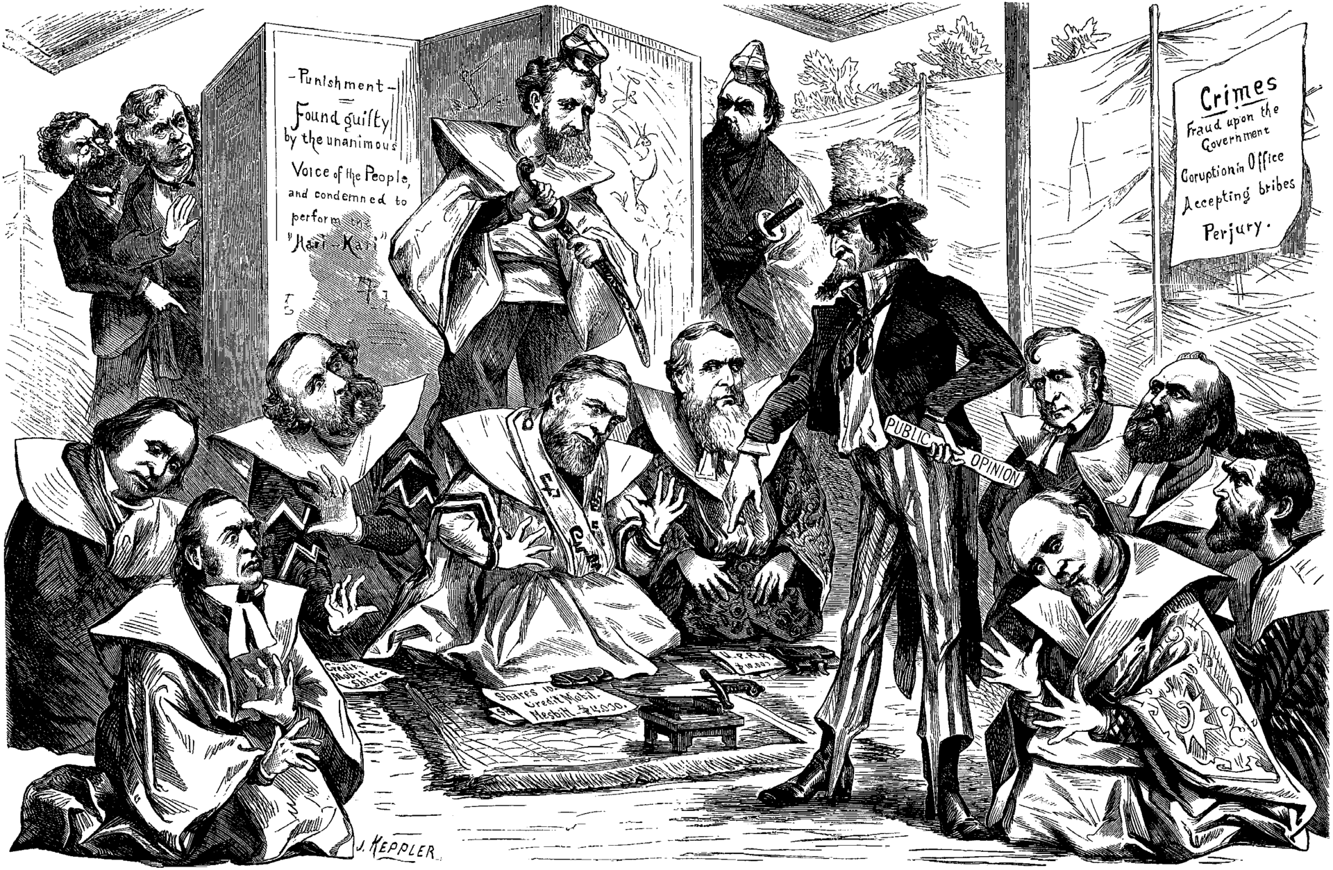 1873 editorial cartoon by Joseph Keppler depicting Uncle Sam directing implicated congressmen to commit hara-kiri over the Crédit Mobilier scandal