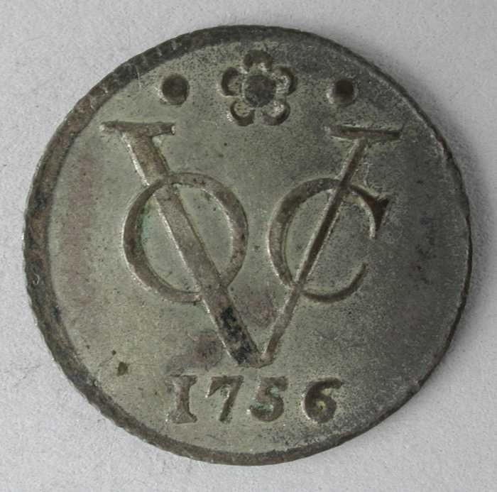 A 1756 VOC half-duit coin minted in Holland for the Dutch East India Company