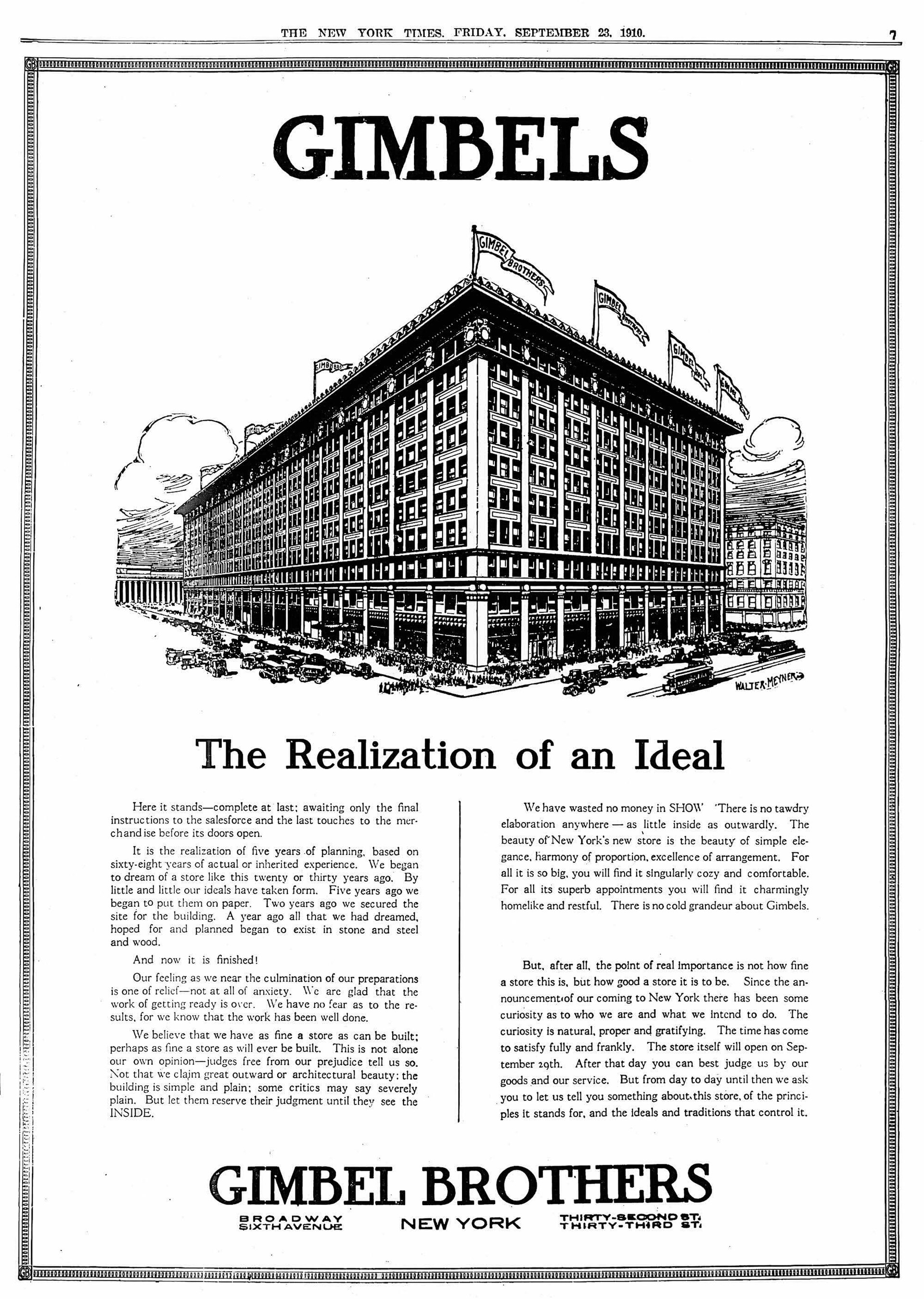 1910 Gimbels department store advertisement in The New York Times announcing its new New York store