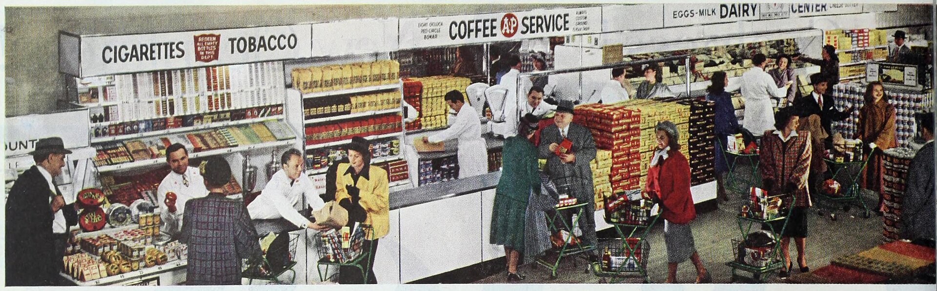 Interior of an A&P supermarket from a 1948 Ladies' Home Journal advertisement