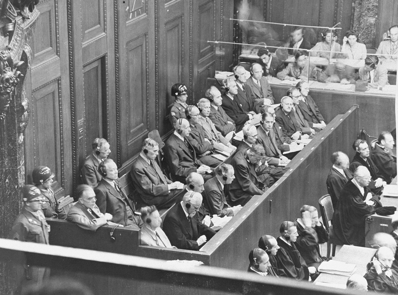 Defendants in the dock at the IG Farben trial at Nuremberg, 1947