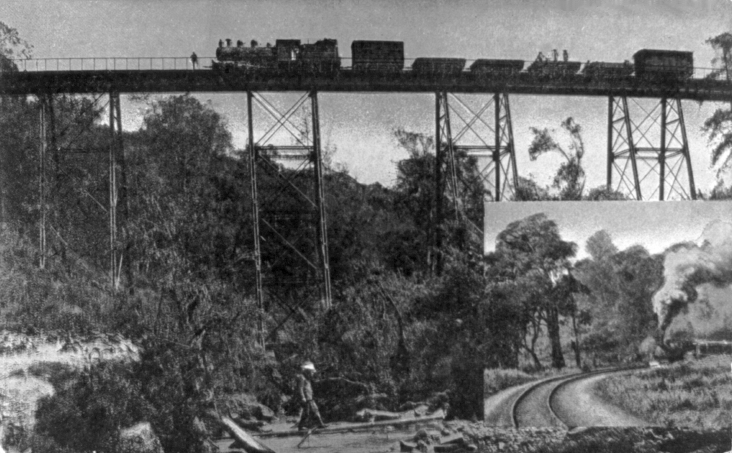 A train crossing a bridge on the Uganda Railway from Mombasa to Nairobi in British East Africa, c. 1910