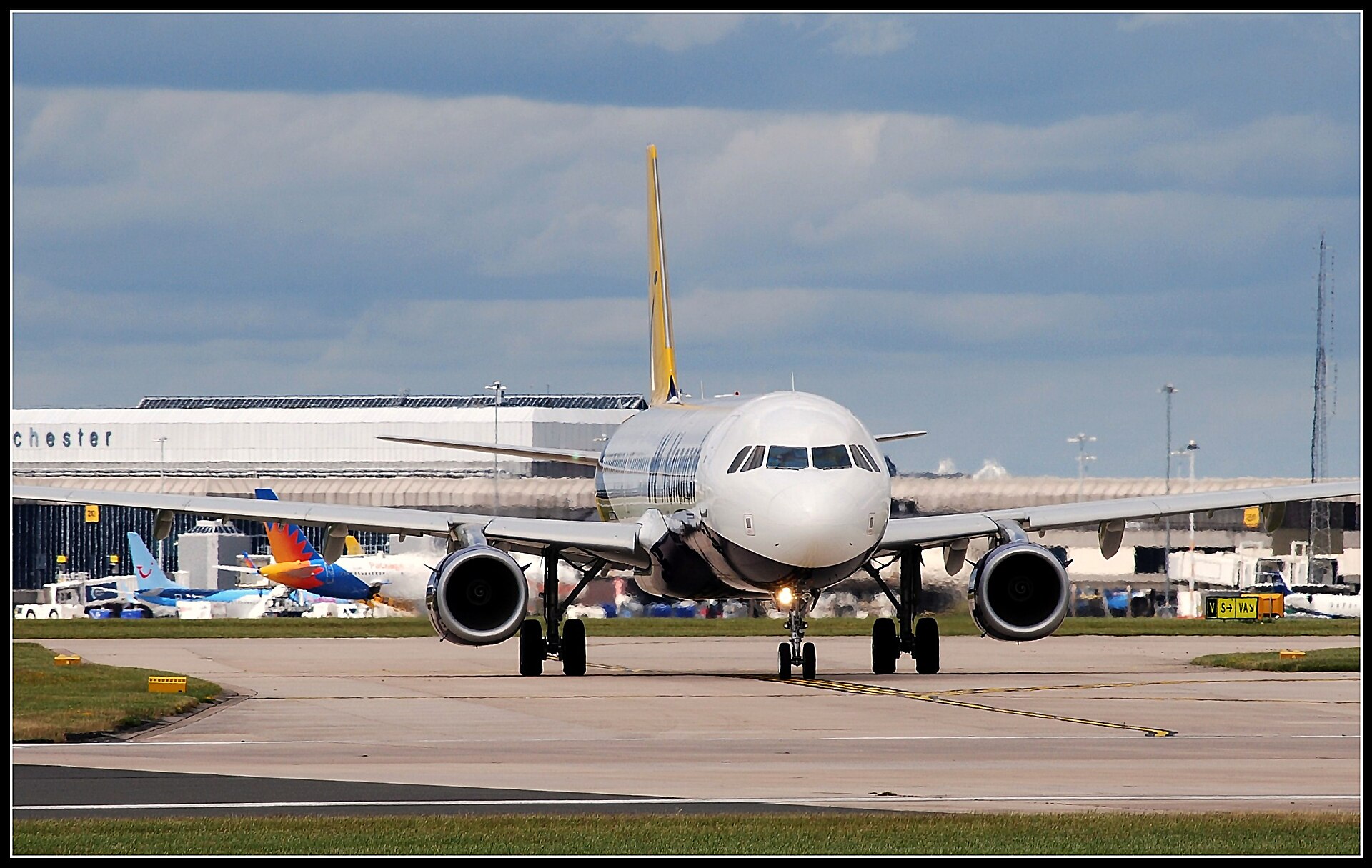 A Monarch Airlines aircraft at Manchester Airport in 2015