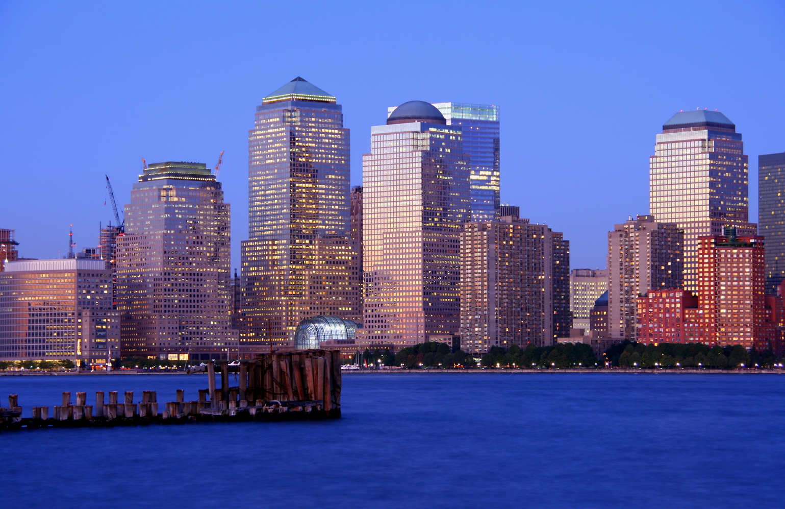 The World Financial Center in New York, developed by Olympia & York, at dusk