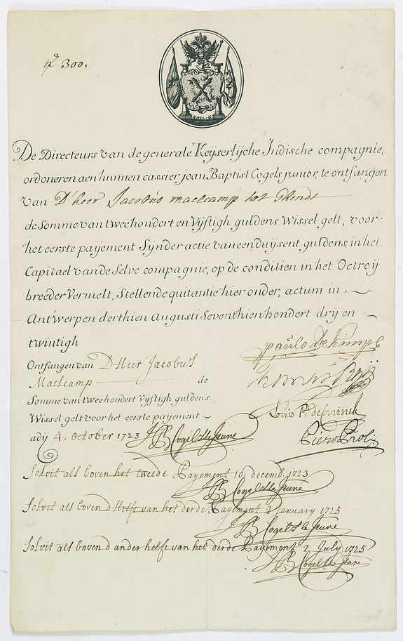 Share certificate No. 4527 of the Ostend East India Company, dated 1723
