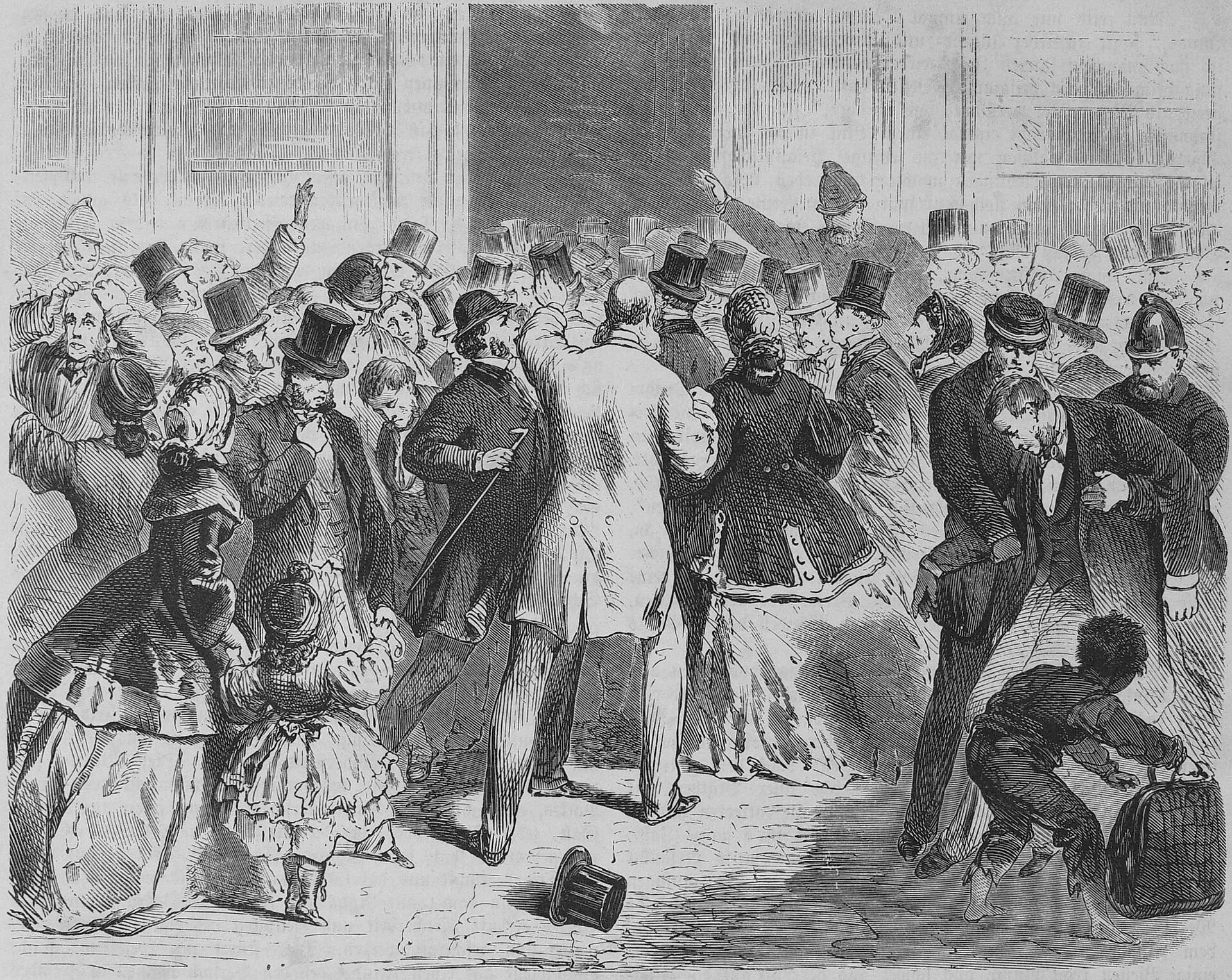 News engraving of crowds gathered outside the Overend Gurney & Co banking house in London on 11 May 1866