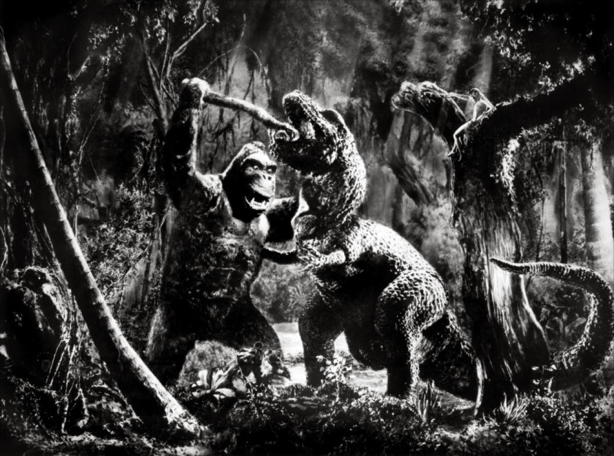 King Kong battles a Tyrannosaurus Rex in the 1933 RKO film King Kong