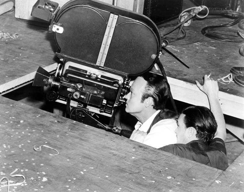 On-set production still from RKO's Citizen Kane (1941), showing a low-angle camera setup