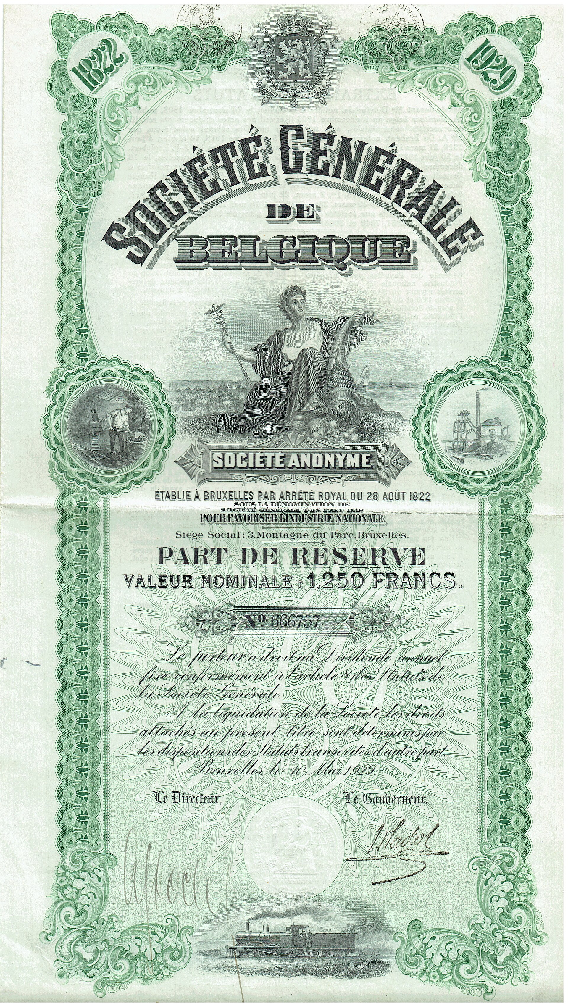 A 1929 security certificate of the Société Générale de Belgique