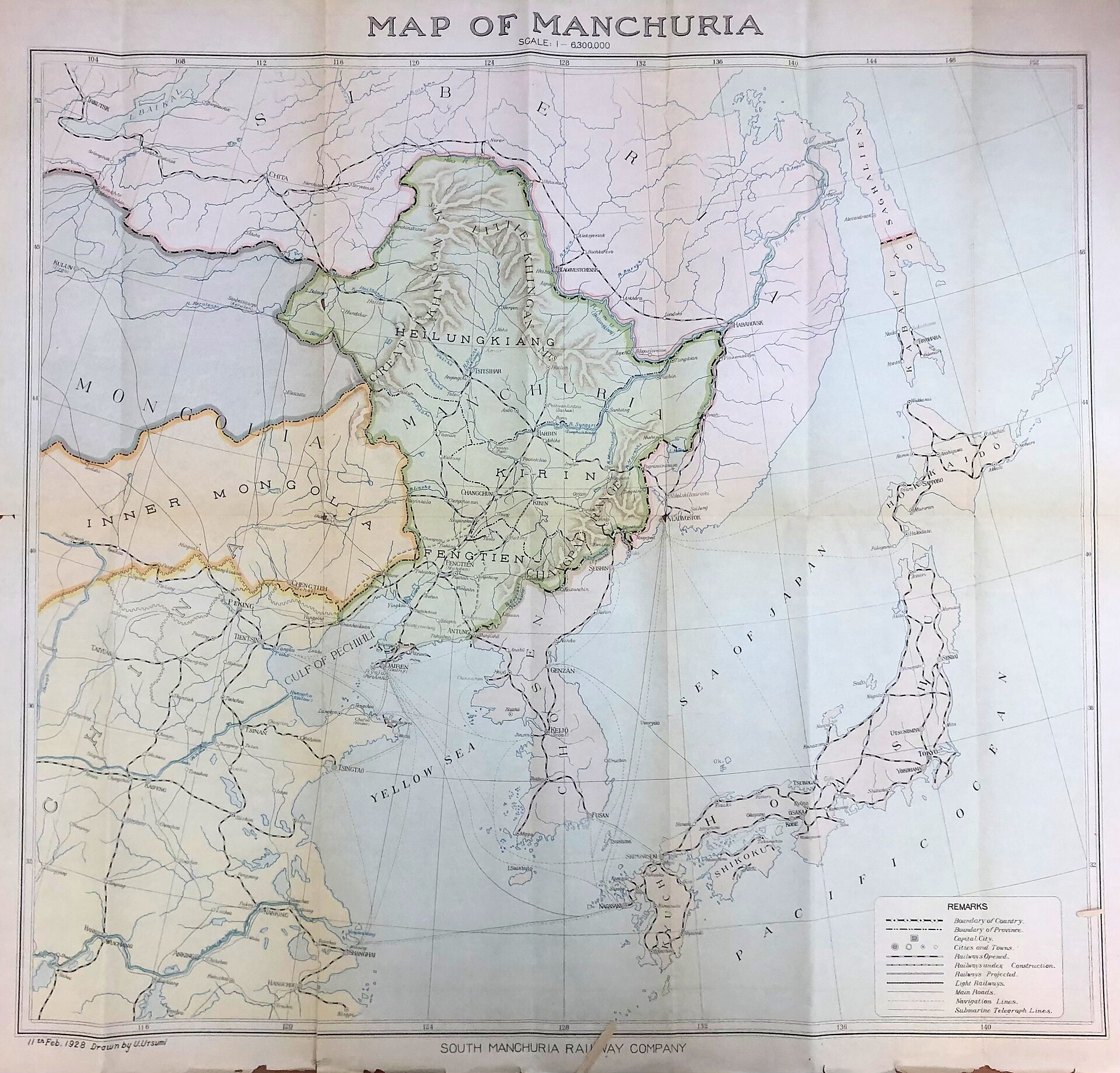 A 1929 map of Manchuria showing the South Manchuria Railway Company's rail lines and territory