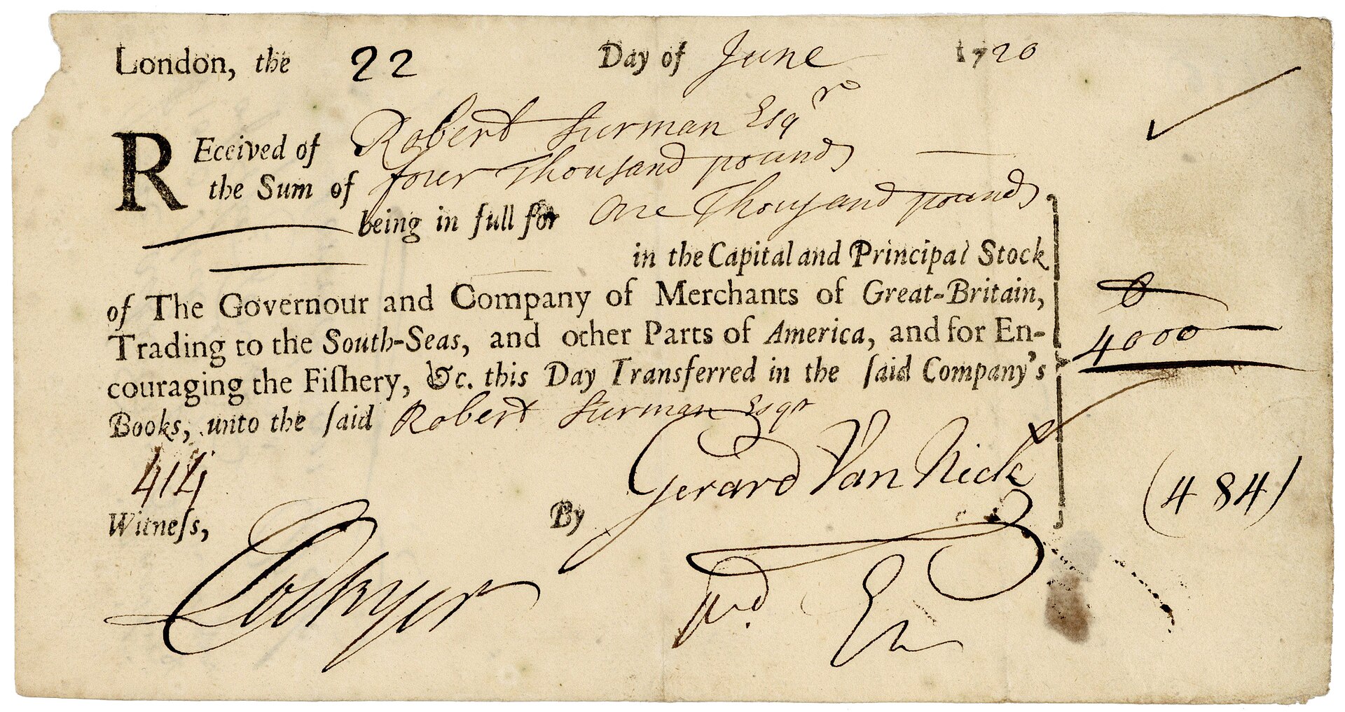 South Sea Company stock certificate issued 22 June 1720 for £1,000 (10 shares at £100 each), purchased at £4,000 during the Bubble