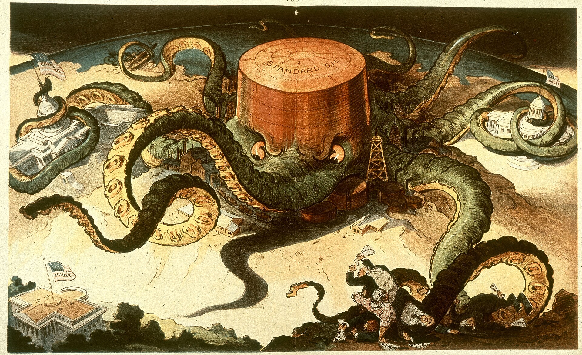 A 1904 Puck cartoon by Udo Keppler depicting Standard Oil as an octopus gripping industry and the US Capitol.
