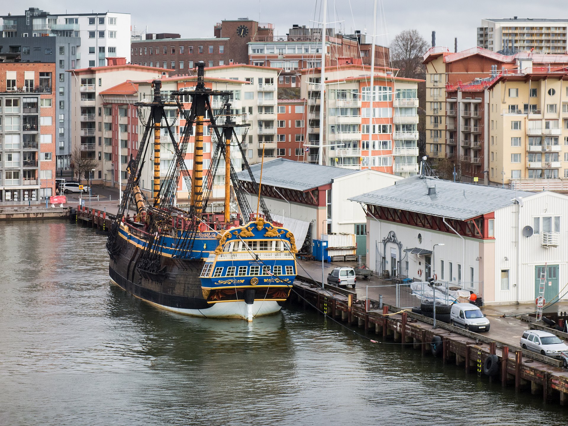 The Götheborg replica East Indiaman moored at her home berth at the Swedish East India Company site in Gothenburg