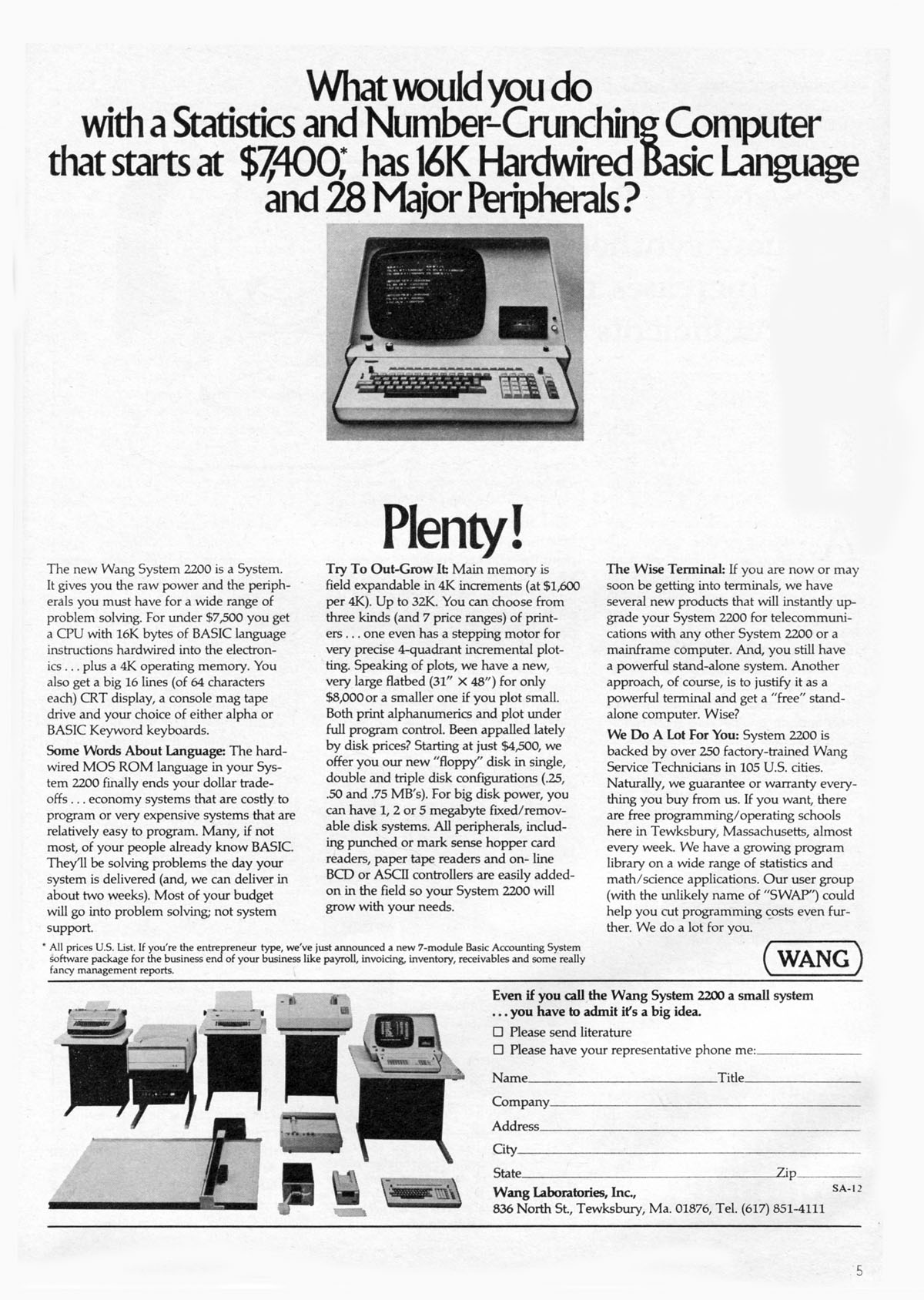 Wang System 2200 computer, introduced in 1973, photographed 1974