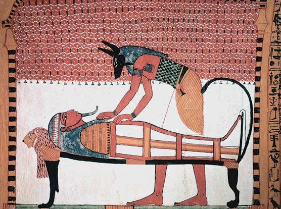 The jackal-headed god Anubis tends the mummy on its lion-headed bier, wall painting from the tomb of Sennedjem (TT1), Deir el-Medina, c. 1300 BCE