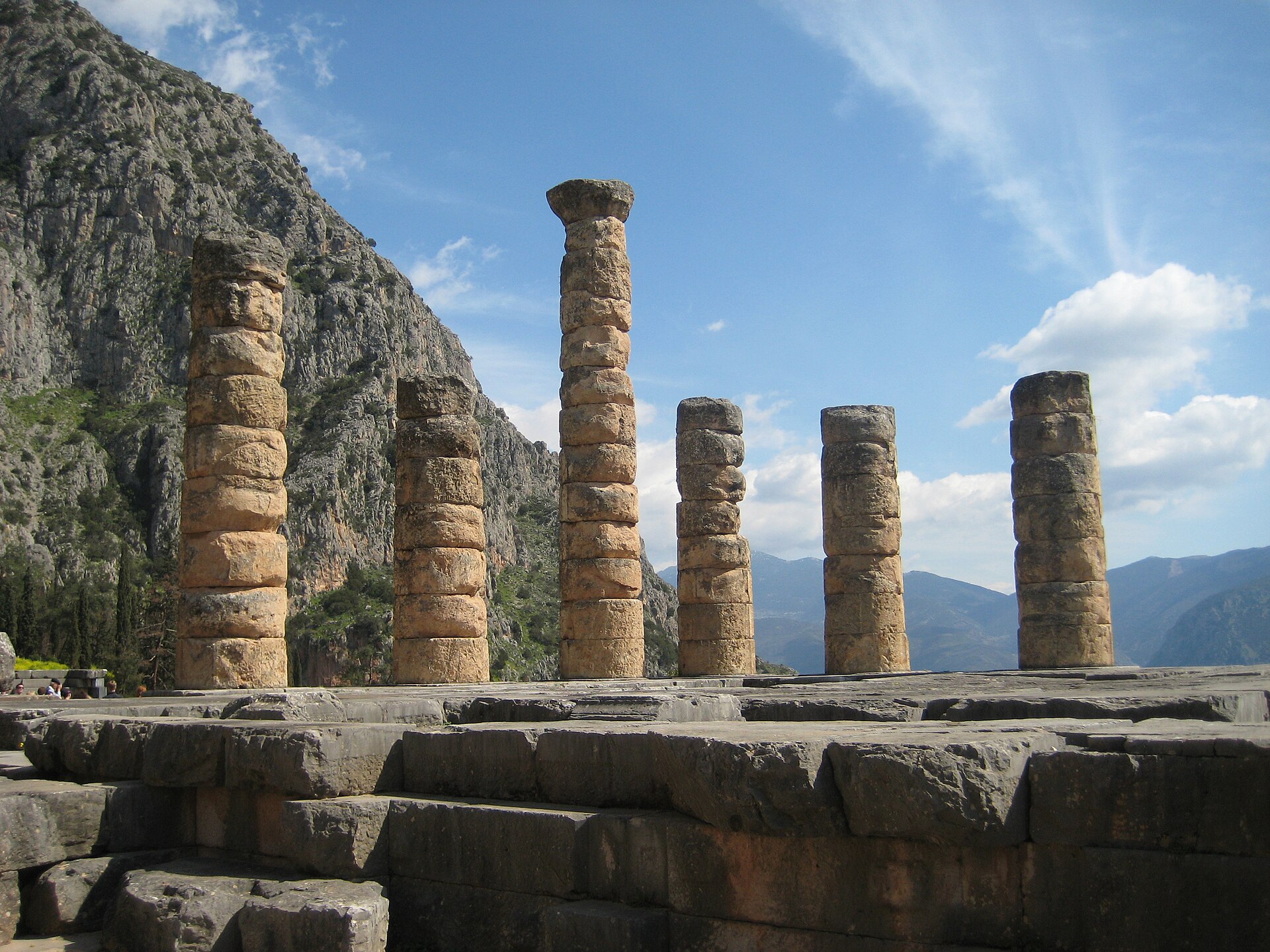 The standing columns of the ruined Temple of Apollo at Delphi, where the Pythia delivered her oracles