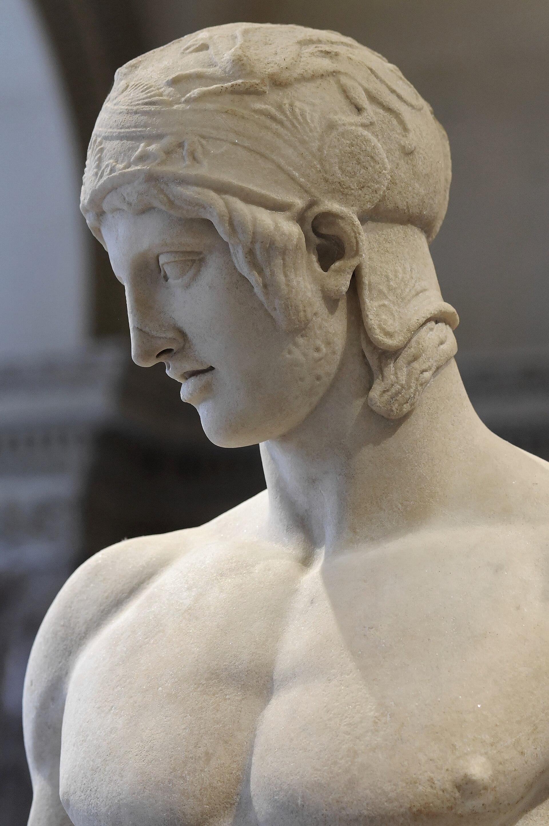 The Ares Borghese, a 2nd-century CE Roman marble copy of a Greek original, showing Ares as a helmeted, armed warrior, Louvre Museum, Paris