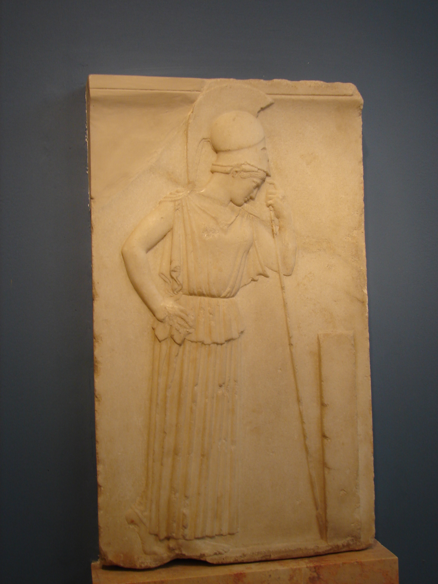 The Mourning (Pensive) Athena, a Parian marble relief of c. 460 BCE — helmeted Athena leaning on her spear, Acropolis Museum, Athens