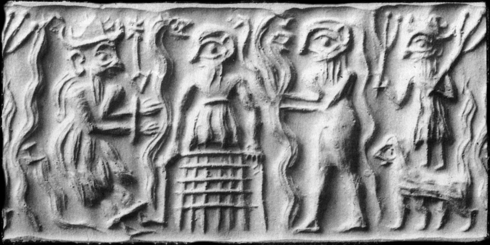 Impression of a cylinder seal, c. 2600–2300 BCE, depicting a scene from the Sumerian myth of Dumuzi the shepherd taken to the underworld