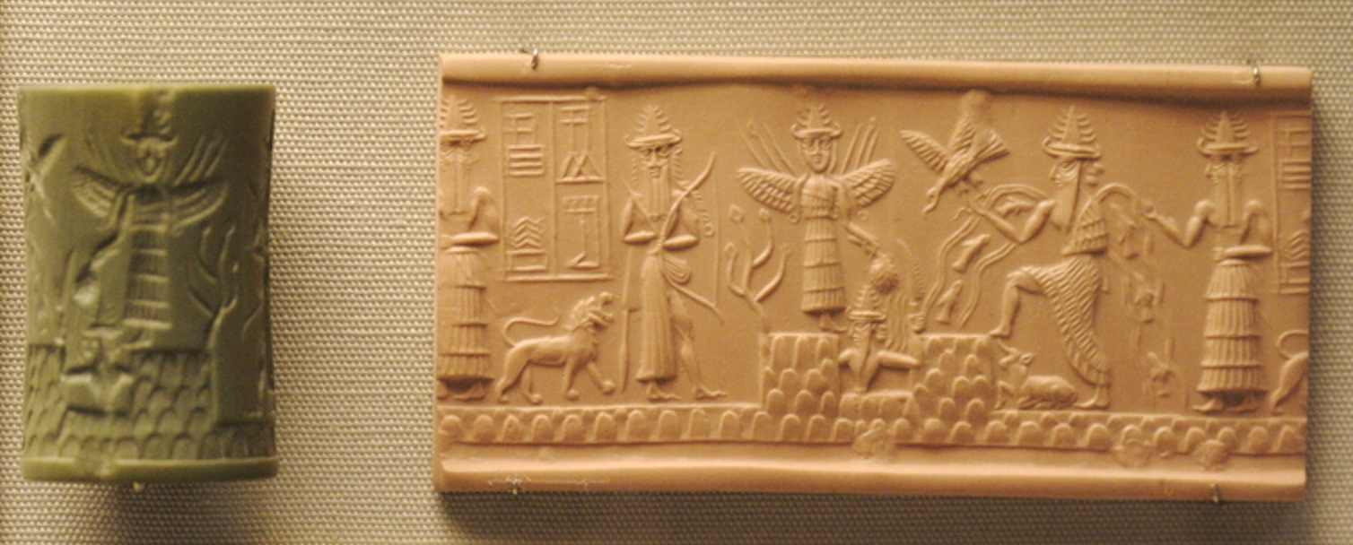 Akkadian Adda cylinder seal, c. 2300 BCE, showing the god Ea (Enki) with streams of water and fish flowing from his shoulders