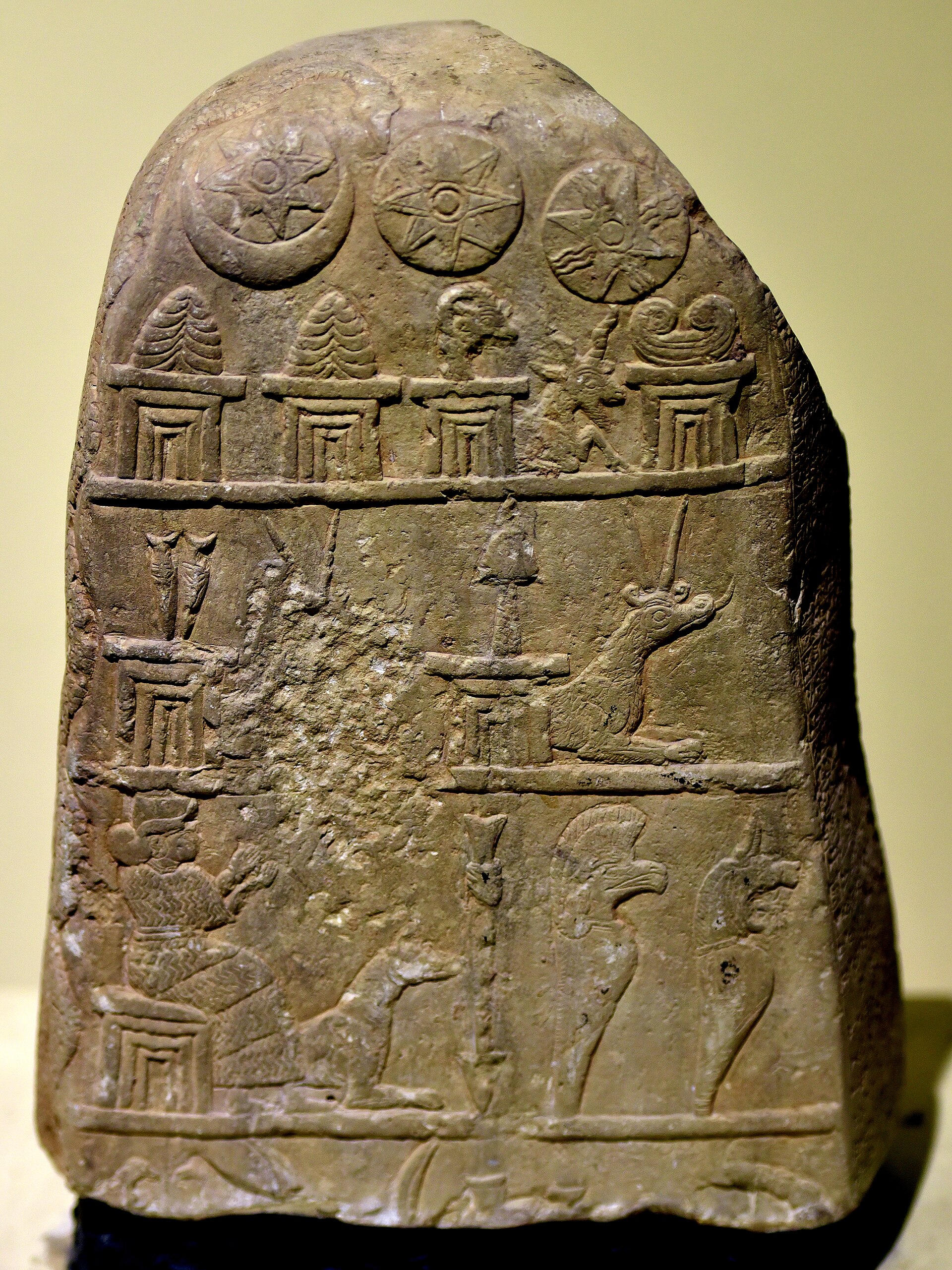 Kassite-period kudurru boundary stone bearing divine symbols including that of Enlil, 15th-11th century BCE, Iraq Museum