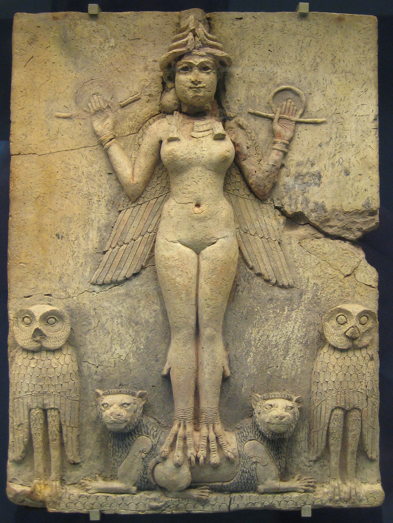 The Burney Relief (the 'Queen of the Night') — a winged goddess with talons standing on lions and flanked by owls, Old Babylonian, 19th–18th century BCE; British Museum