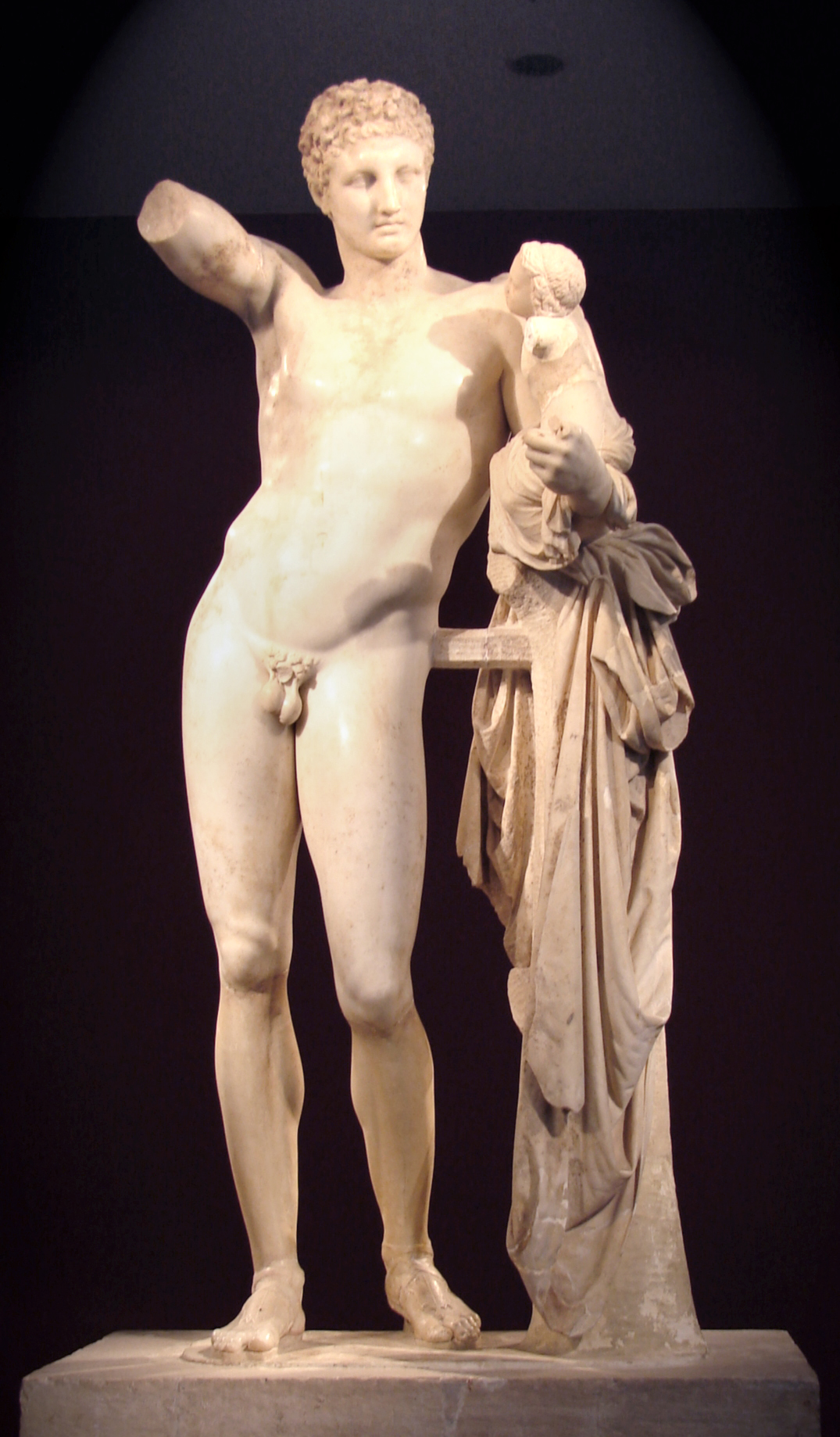 Hermes and the Infant Dionysus, marble statue traditionally attributed to Praxiteles, found 1877 in the Temple of Hera at Olympia, Archaeological Museum of Olympia