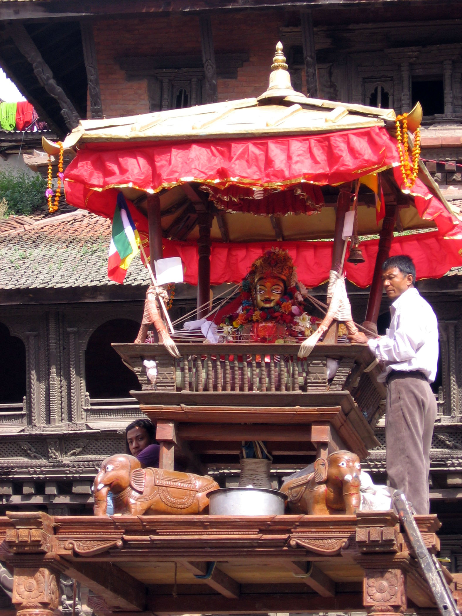 Image of Indra with his hands bound, displayed at Maru Tol, Kathmandu, during the Indra Jatra (Yenya) festival