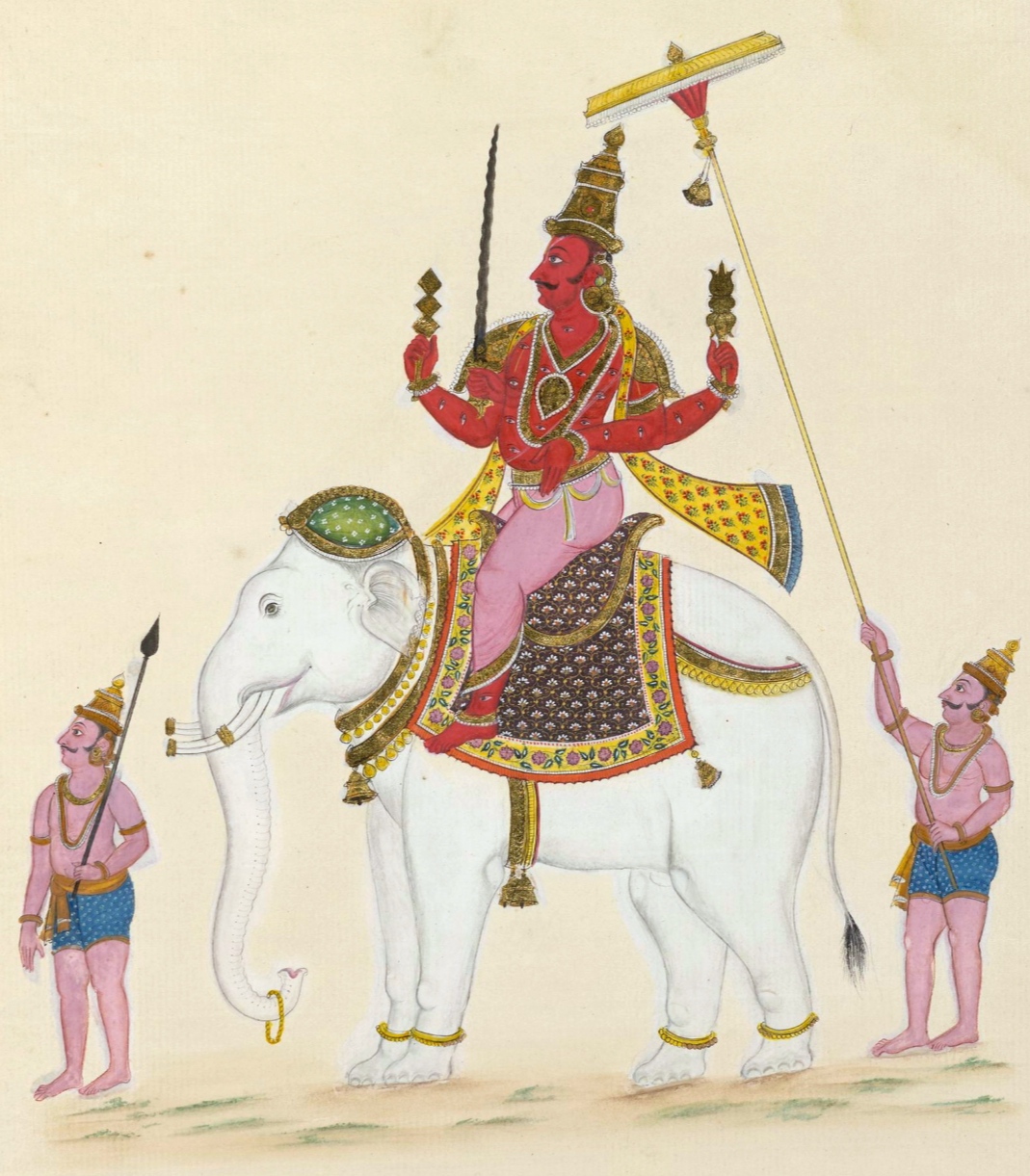 South Indian painting (c. 1820, Thanjavur) of Indra riding his white elephant Airavata, holding the vajra, his body covered in eyes; British Museum
