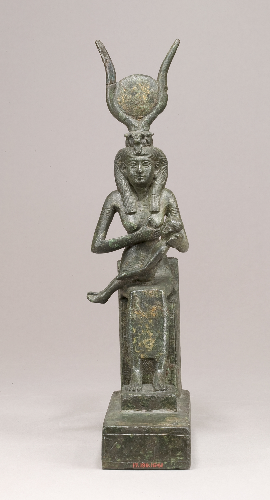 Bronze statuette of Isis nursing the infant Horus on her lap, ancient Egypt, c. 1070–343 BCE, Metropolitan Museum of Art