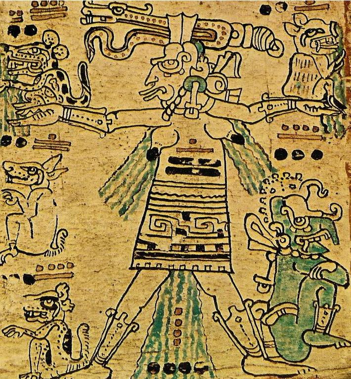 The Maya moon goddess Ix Chel pouring water from a vessel, from the Dresden Codex