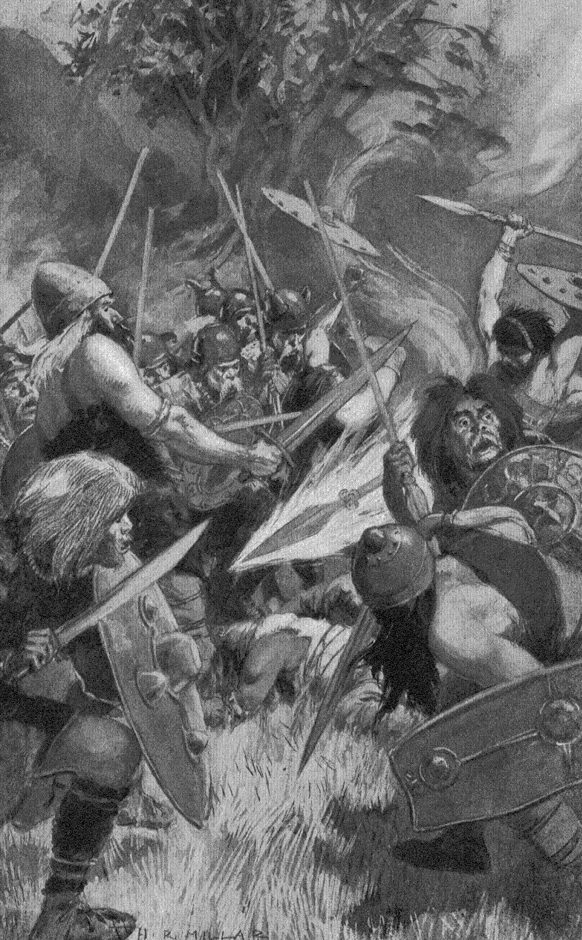 Lugh wielding his magic spear, illustration by H. R. Millar from Charles Squire's Celtic Myth and Legend (1905)