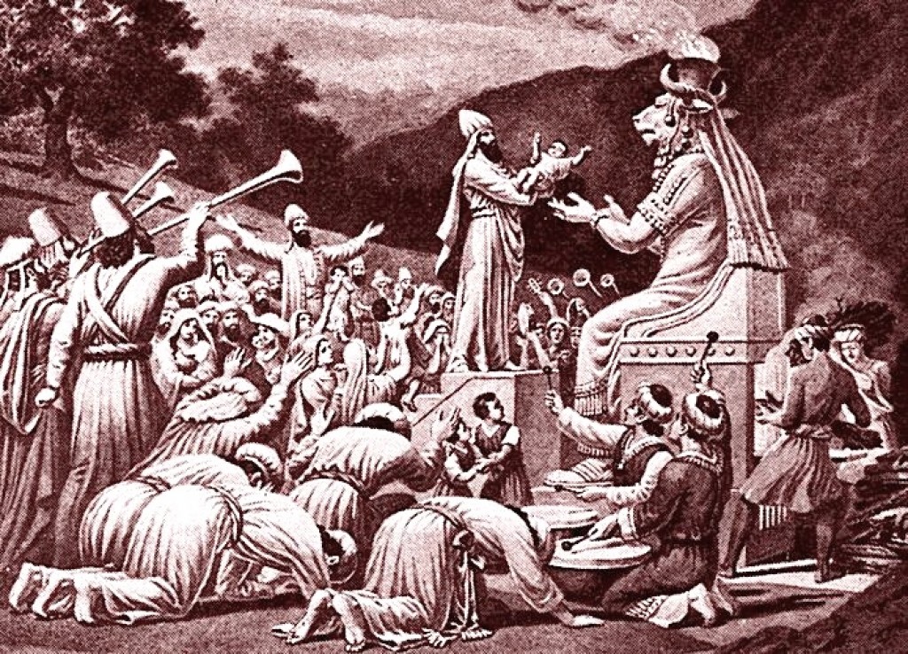 1897 engraving of a child sacrifice to the idol Moloch, from Bible Pictures by Charles Foster