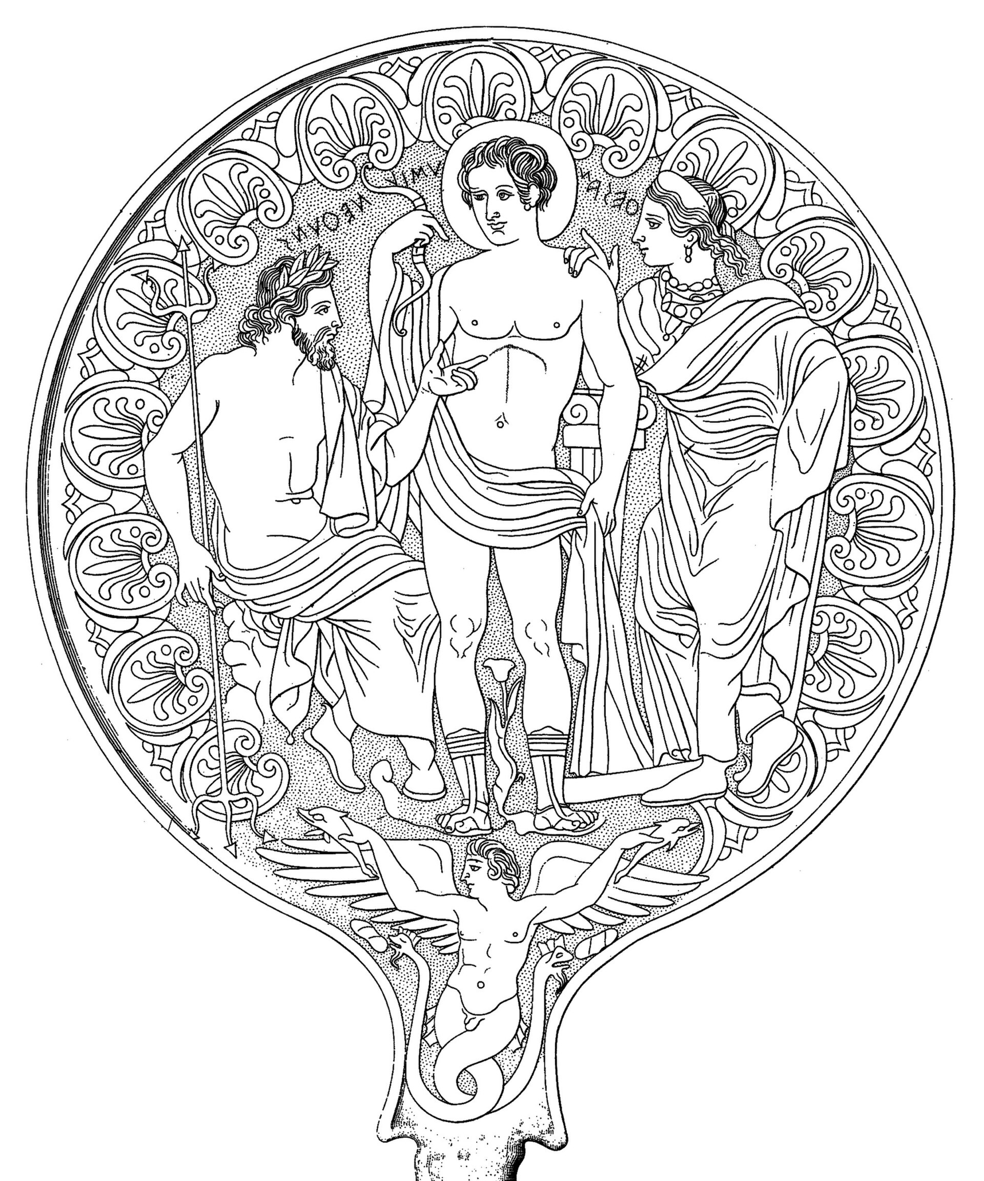 Engraved Etruscan bronze mirror from Tuscania showing Nethuns alongside Usil and Thesan, in the Vatican Museums.