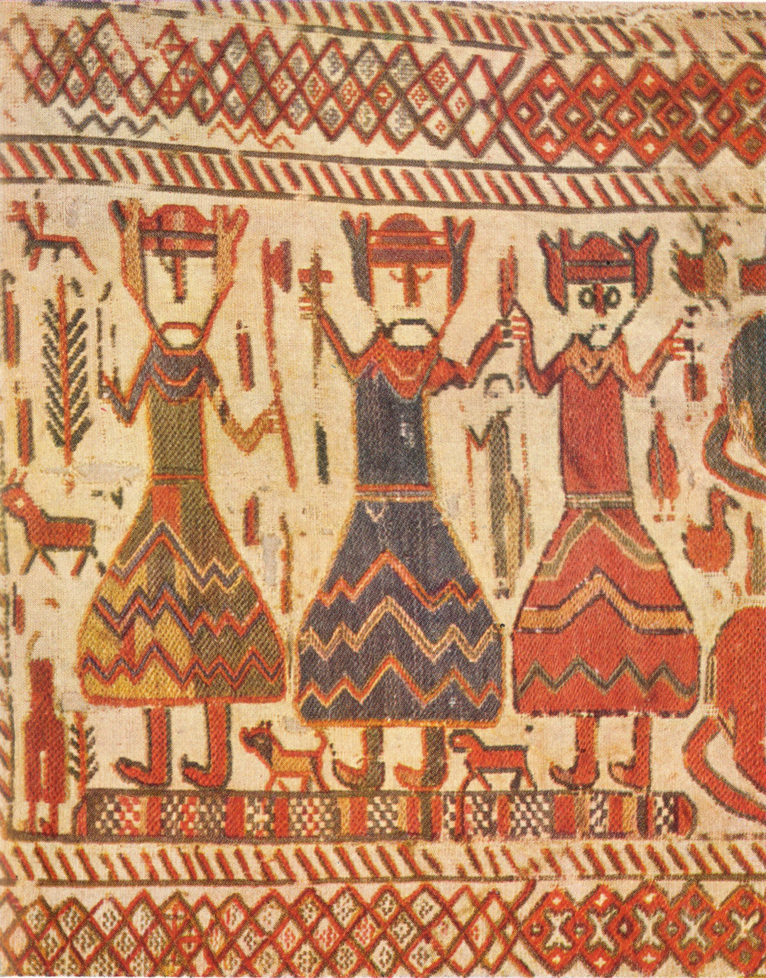 Detail of the 12th-century Skog church tapestry showing Odin, Thor, and Freyr