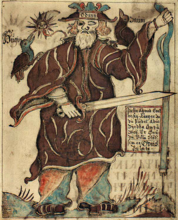 An 18th-century Icelandic manuscript illustration of Odin with his ravens Huginn and Muninn