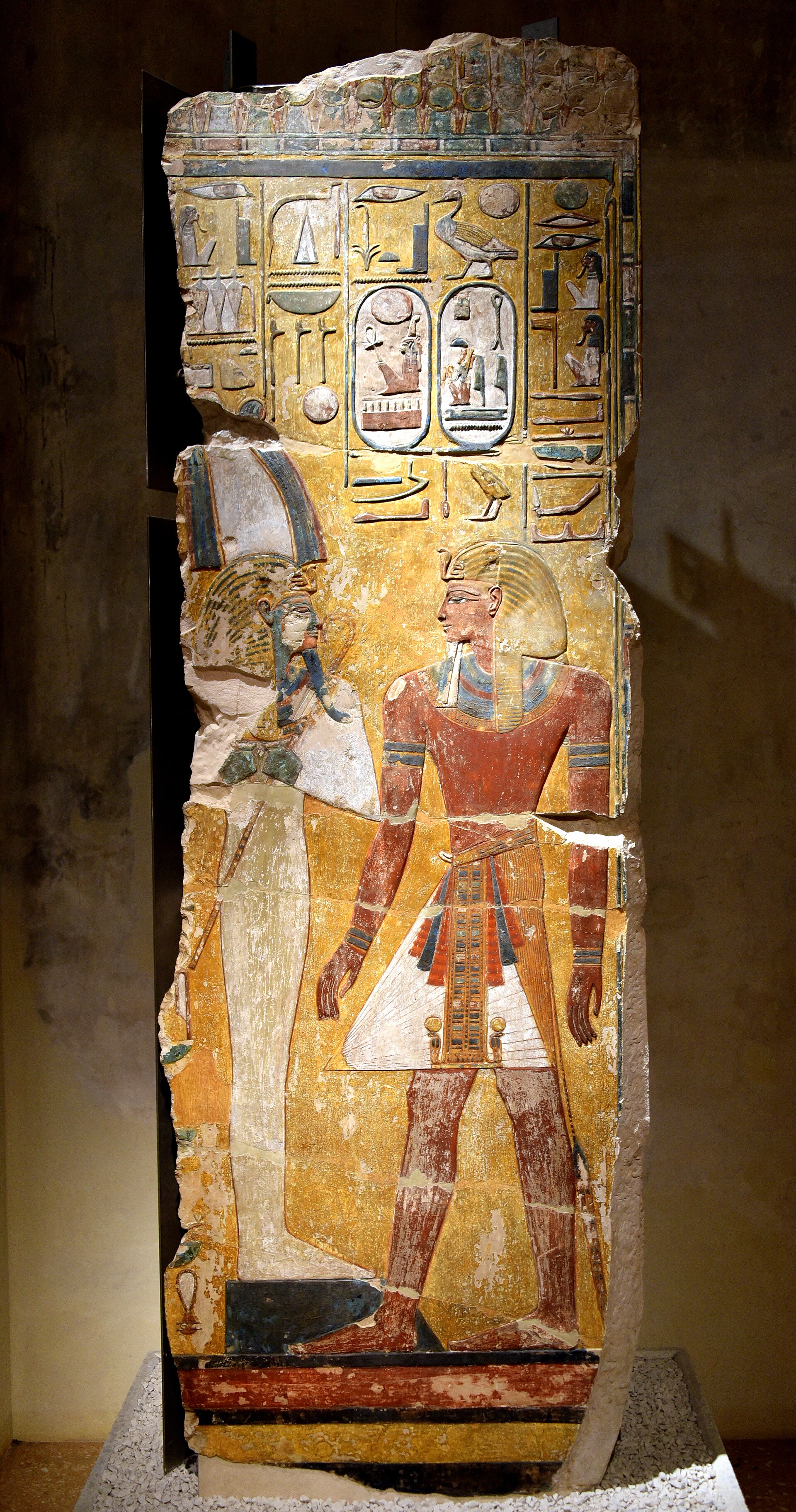 Wall painting of Pharaoh Seti I presenting offerings before Osiris, from KV17, Valley of the Kings; Neues Museum, Berlin