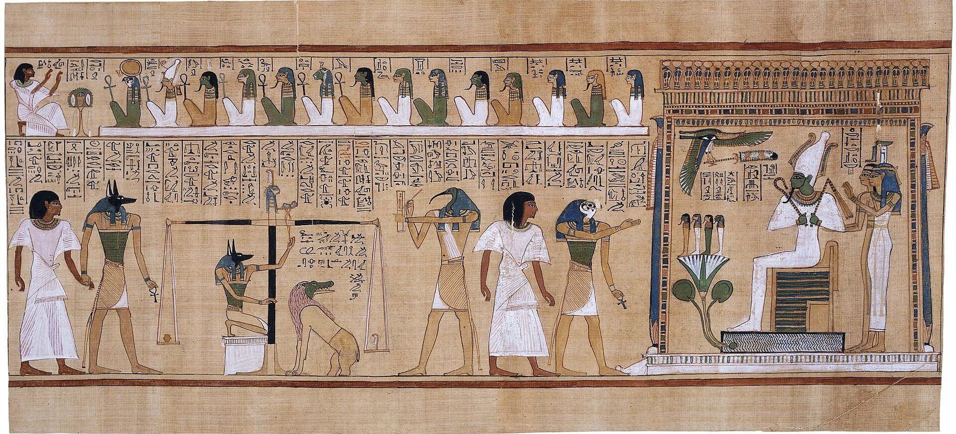 The weighing of the heart before Osiris, from the Papyrus of Hunefer, c. 1275 BCE, British Museum