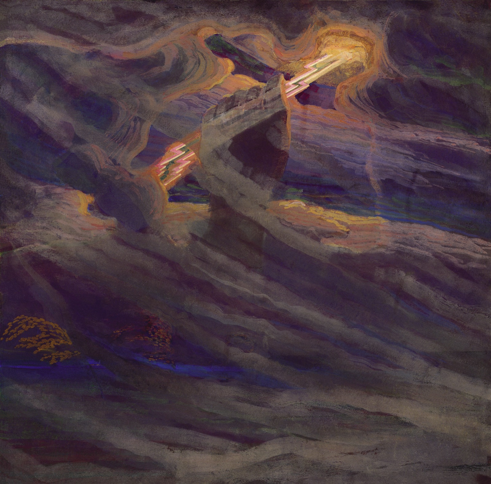 Perkūnas, the Baltic thunder god, in a 1909 symbolist painting by Lithuanian artist Mikalojus Konstantinas Čiurlionis