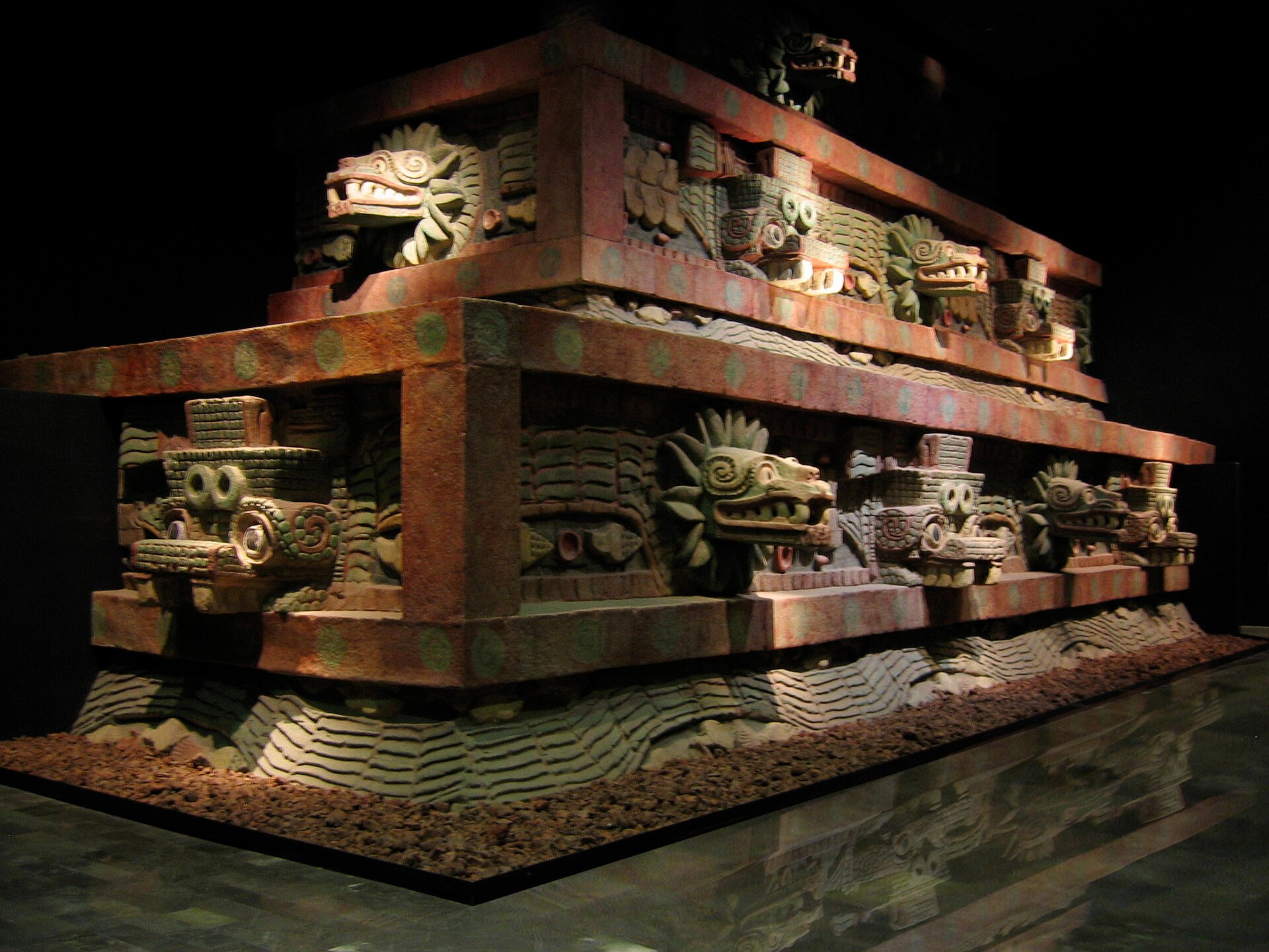 Feathered serpent heads on the facade of the Temple of Quetzalcoatl at Teotihuacan